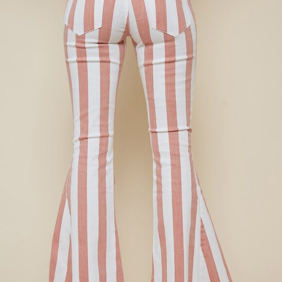 Burnt Coral Striped Washed Denim Bell Bottom Jeans - Picture 3 of 4